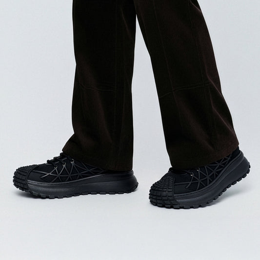 ディストーション レベル DISTORTION REBEL BLACK DIS25F0001-BK 5cm盛れる厚底スニーカー メンズ。軽量で幅広設計のチャンキーソールが歩きやすい。トールシューズ・シークレットスニーカーで身長UP&スタイルアップを叶える人気の上げ底靴。